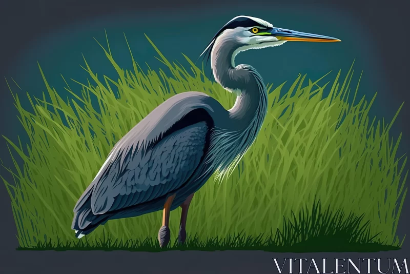Blue Heron in Grass: A Tranquil 2D Game Art Illustration AI Image