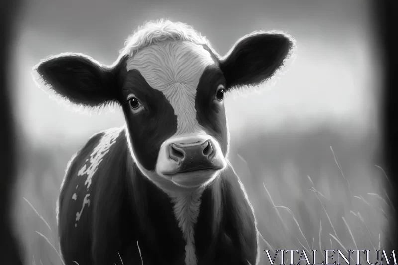 Monochromatic Digital Painting of Cow in Field AI Image