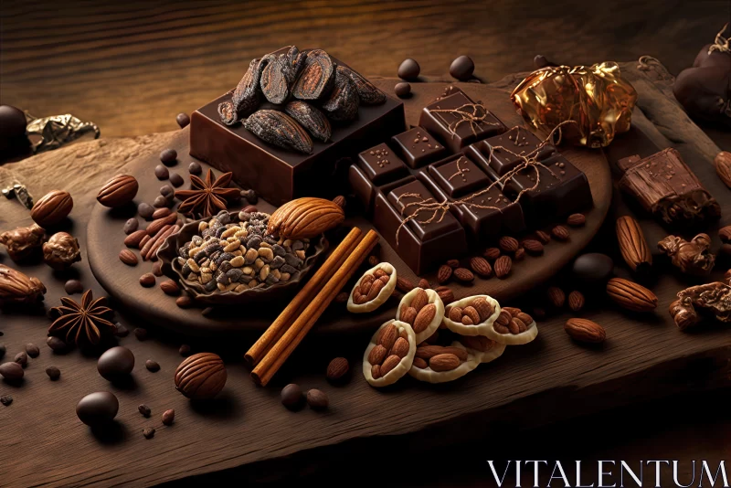 Rustic Still Life: Chocolates and Nuts on Wooden Tray AI Image