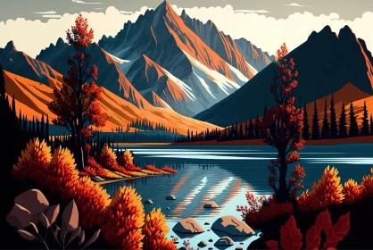 Bold Graphic Illustration of Autumn Mountain Scenery