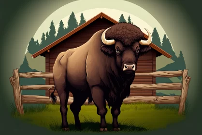 Cartoon Bison at Ranch House: Detailed Romantic Illustration