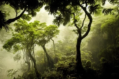 Mystical Journey into a Lush and Foggy Tropical Rainforest