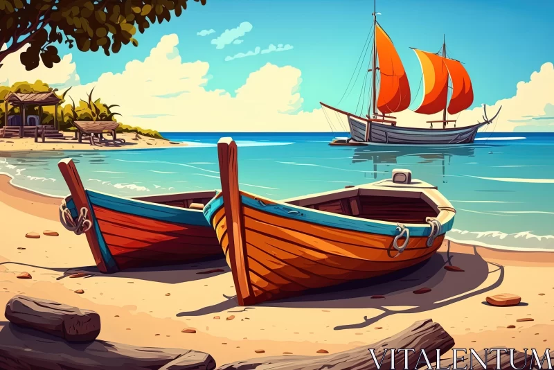 Sea Voyage: Colorful Cartoon Boats at the Beach AI Image