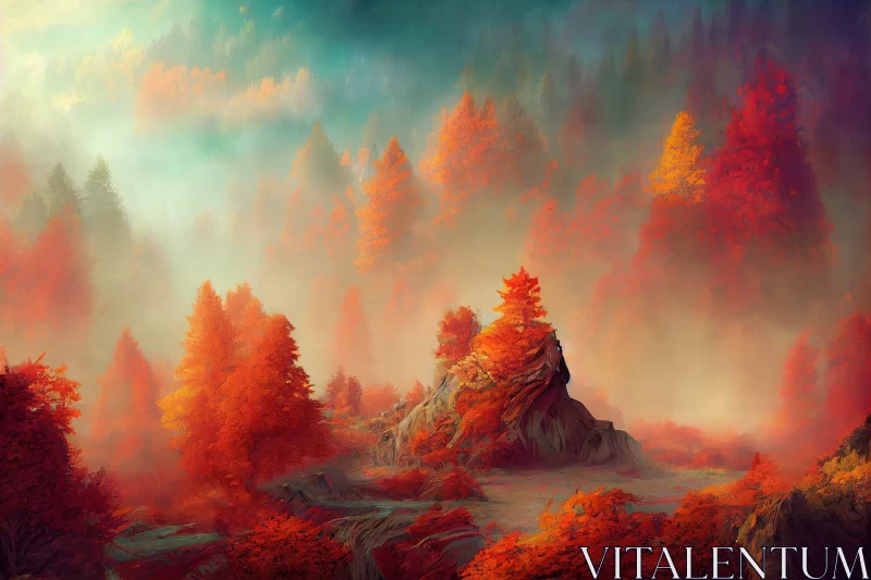 Autumn Fantasy Landscape with Misty Mountains AI Image