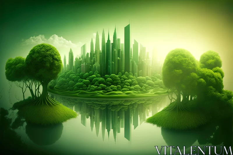 Green City Island: A Forestpunk Fantasy Illustration AI Image