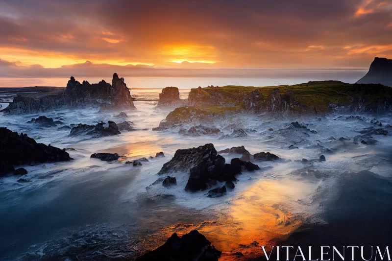 Sunrise Over Ocean: A Coastal Landscape with Rocks AI Image