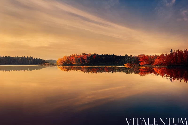 Autumn Splendor: Majestic Panorama of Fall Trees Reflected in Lake AI Image