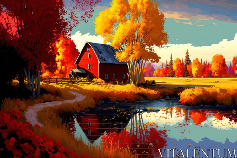 Picturesque Autumn Landscape with a Red Barn AI Image