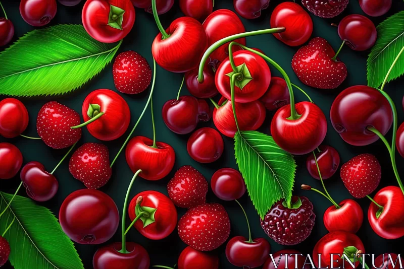 Hyper-Detailed Illustration of Red Cherries with Leaves AI Image