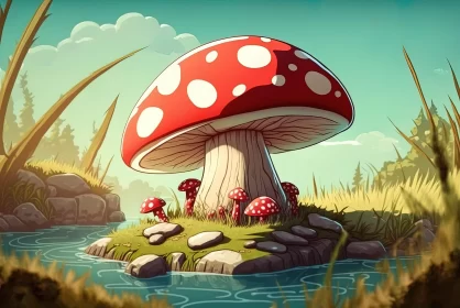 Large Red Mushroom Illustration in Nature-based Cartoon Style