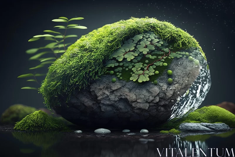 Serene Nature Scene with Mossy Rock and Water AI Image