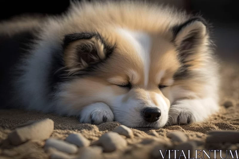 Sleeping Puppy on Sand - A Tranquil Canine Scene AI Image