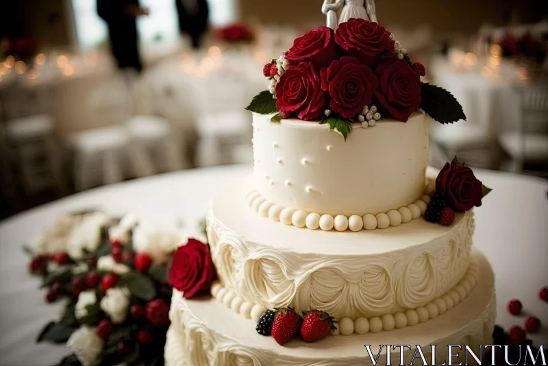 Elegant Wedding Cake Adorned with Red Roses and Fruit Arrangements AI Image