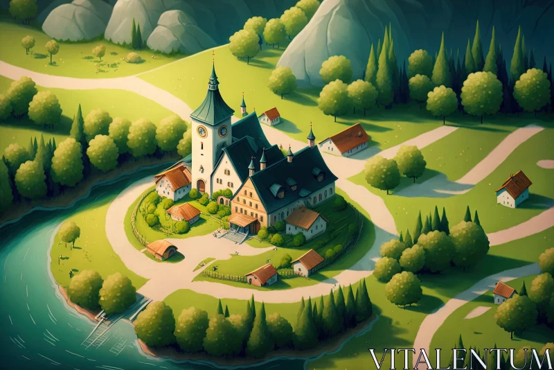 Fantasy Isometric Illustration of Castle on Island AI Image