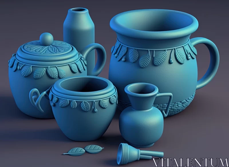 Blue Pottery Collection: Intricate Designs & Detailed Rendering AI Image