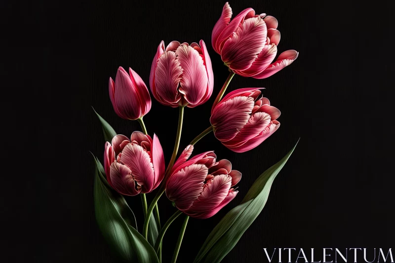 Pink Tulips on Black Background: A Delicate Floral Composition AI Image