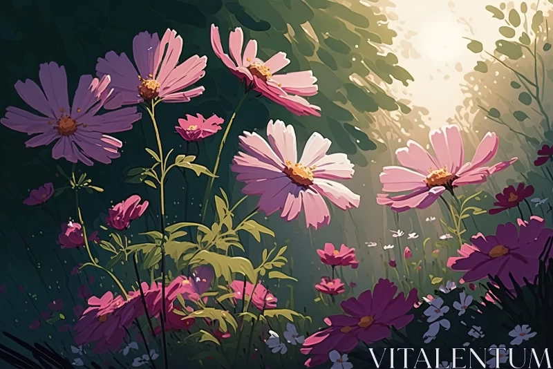 Anime Art Style Flower Field in Dark Pink and Green AI Image