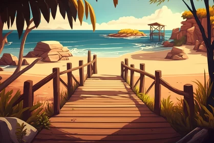 Beach Scene with Wooden Path and Exotic Birds - Cartoon Illustration