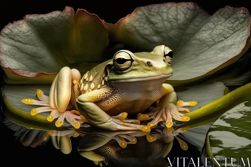 Frog on Leaf with Water Reflection - Naturalistic Animal Art AI Image