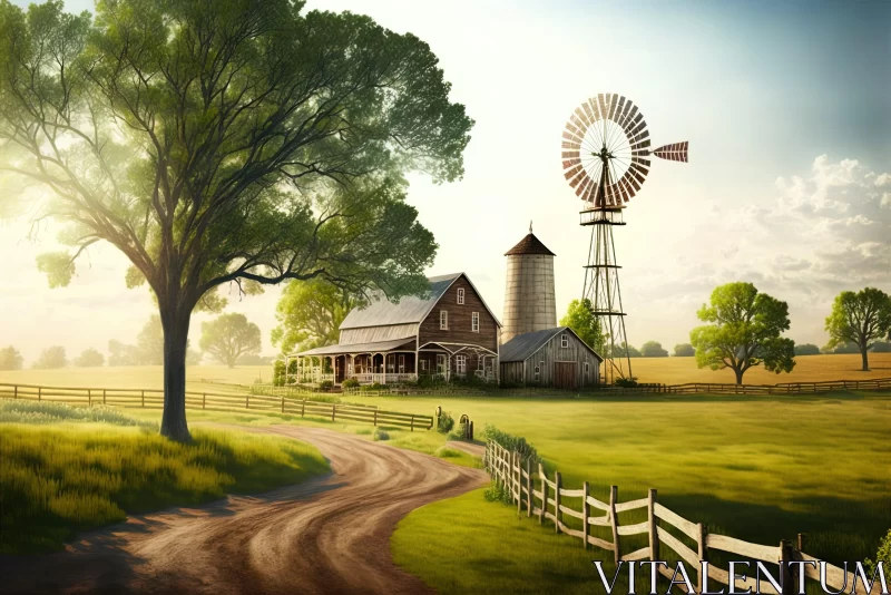 Rural American Farm and Windmill - A Nostalgic Illustration AI Image
