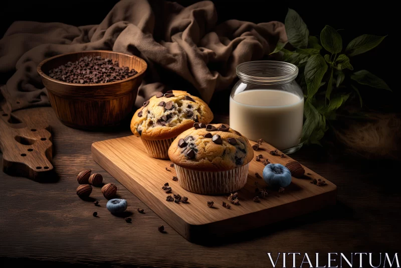 Rustic Still Life with Chocolate and Blueberry Muffins AI Image