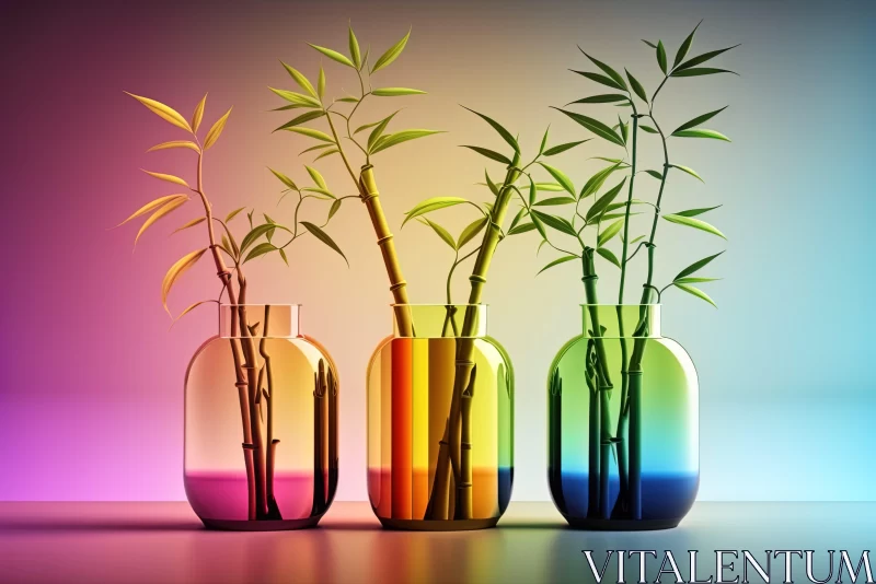 AI ART Luminous 3D Rendered Bamboo in Colored Glass Vases