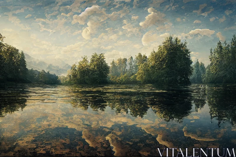 Atmospheric Nature Painting: Trees and Clouds Reflected in Water AI Image