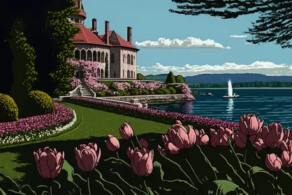 Nature-Inspired Art Nouveau Painting of Castle and Tulips