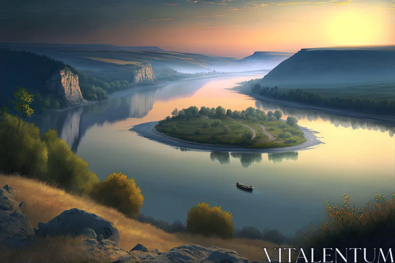 Romantic River Landscape with Boats - Colorful Moebius Style AI Image