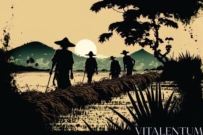 Neo-Traditional Japanese Comic Art - Silhouettes in Paddy Field AI Image