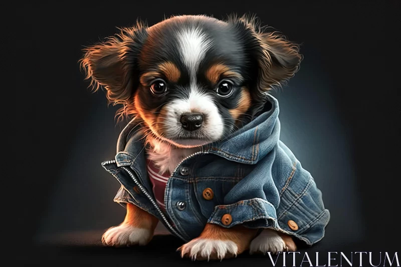 Charming Realistic Portrait of a Dog in Denim Jacket AI Image