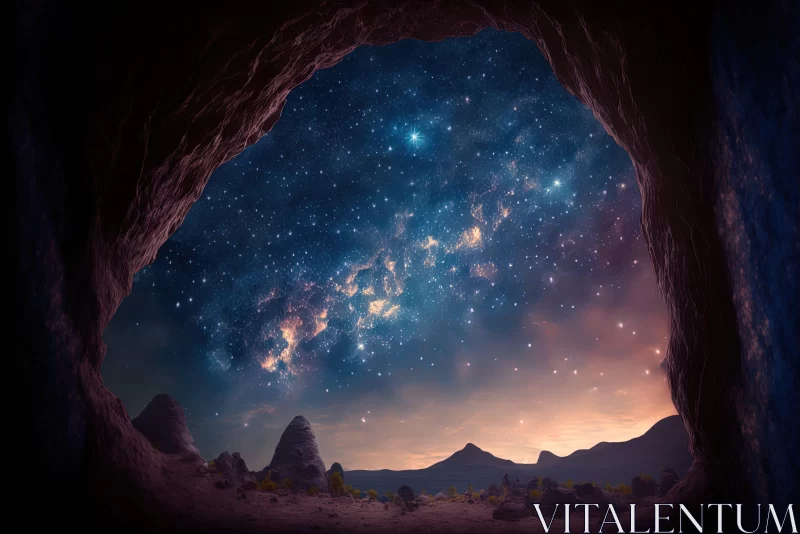 Night Sky Cave View - Soft Tonal Landscape with Stars AI Image