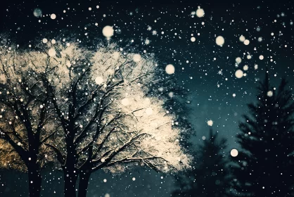 Snow Falling on Trees Under Night Sky: A Study in Dreamy Realism