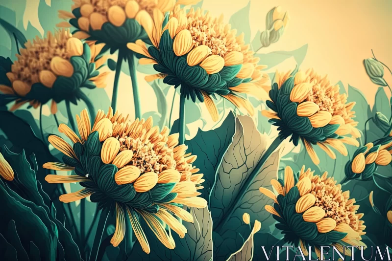 Yellow Sunflowers Illustration: Detailed Monochrome Artwork AI Image