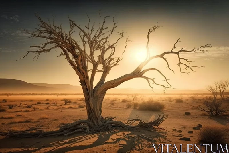 Sunset on a Lone Tree in the Desert - Post-Apocalyptic Fantasy AI Image
