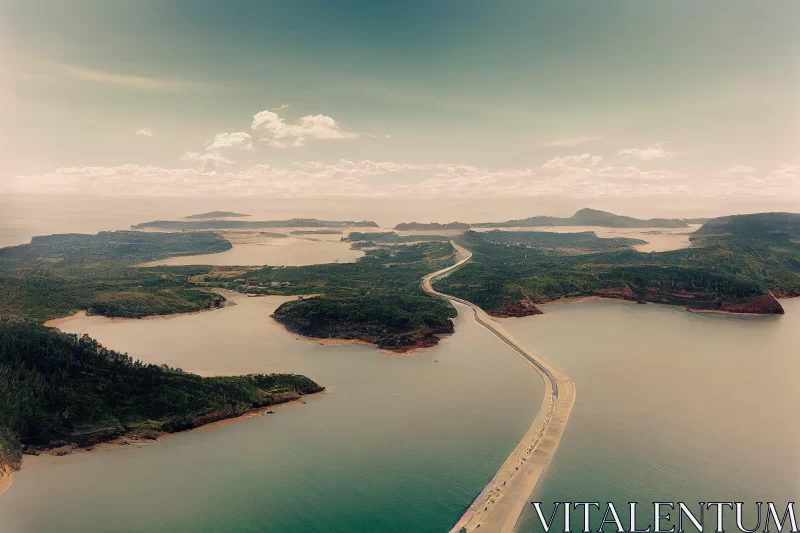 Aerial View of Coastal Landscape with Bridge - Maranao Art Influence AI Image