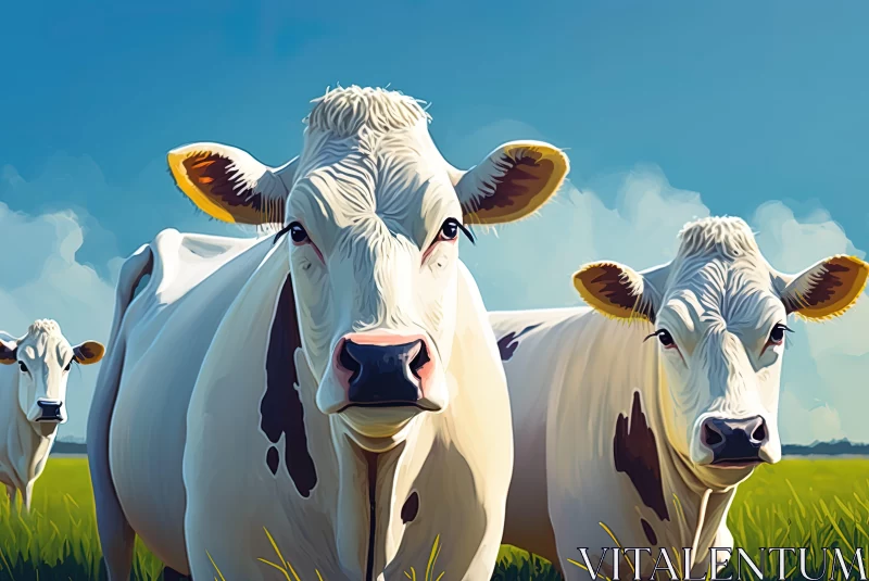 Cartoon Realism: Majestic Cows in a Grassy Field AI Image