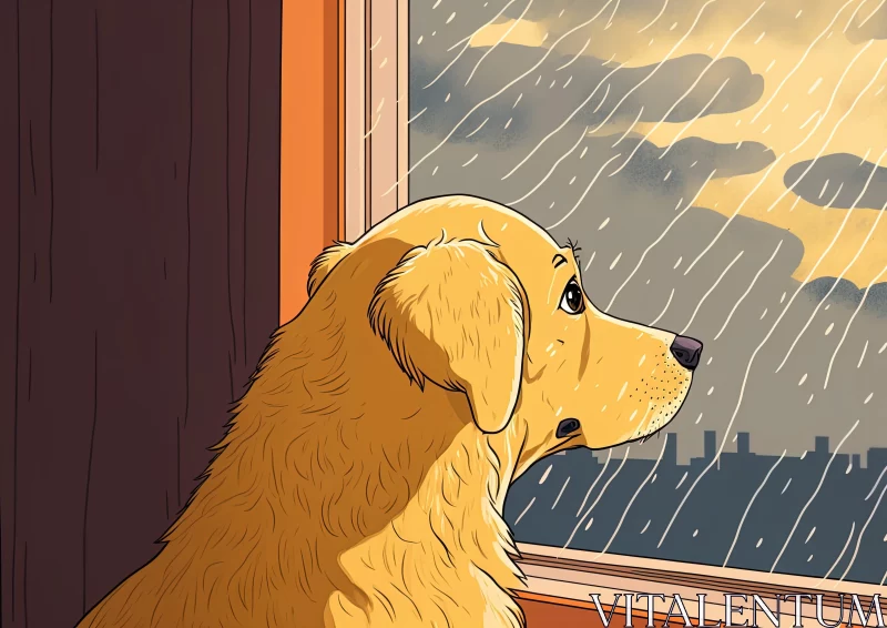 Golden Dog Watching Rain - Graphic Novel Art AI Image
