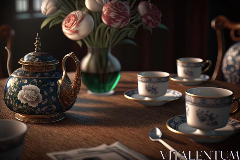 Classical Still Life: Teapot, Teacup, and Flowers on Table AI Image