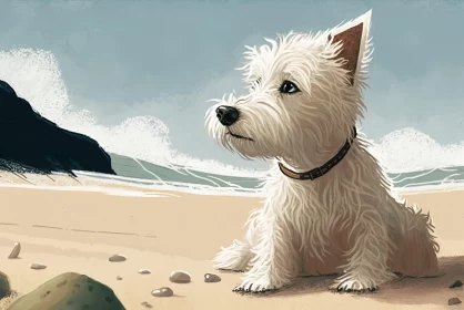 White Terrier Dog on Beach - Graphic Novel Style Art