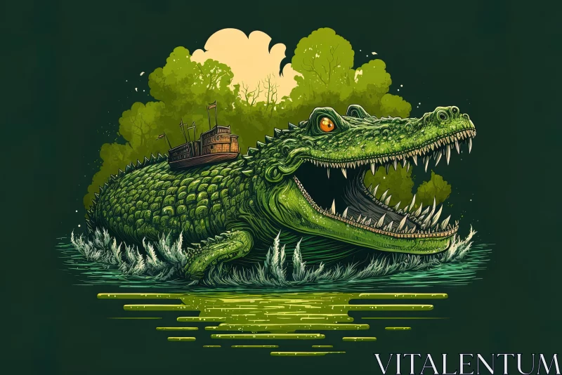 Alligator Artwork with Detailed Ship Sails and Jungle Mystique AI Image