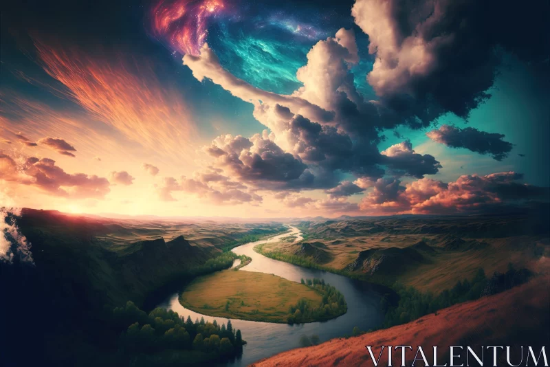Surrealistic Sunrise Over River: A Prairiecore Landscape AI Image