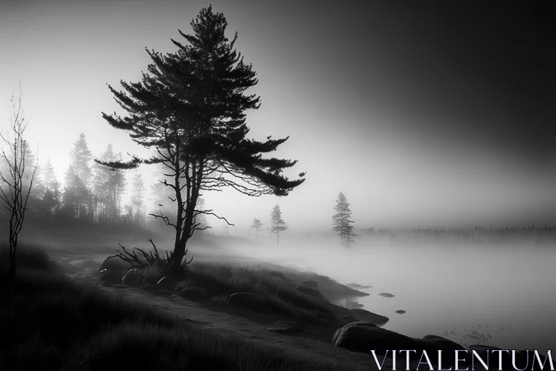 Black and White Misty Lake - Ethereal Wilderness AI Image