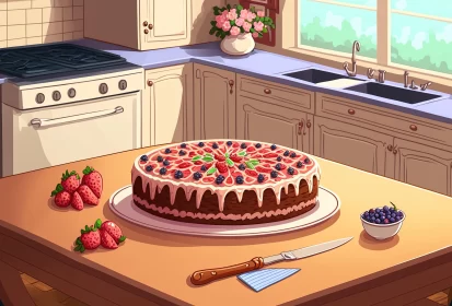 Cartoon Strawberry Cake in Detailed Kitchen Still Life