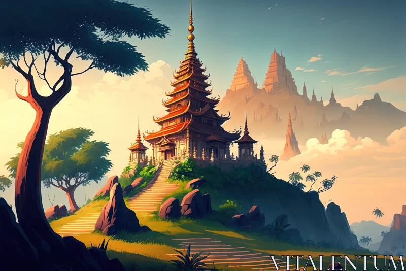 Fantasy Landscape with Neolithic Pagoda on Mountain Top AI Image