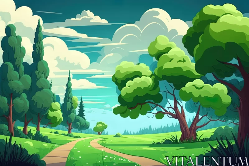 Cartoon Summer Landscape with Lush Green Trees AI Image