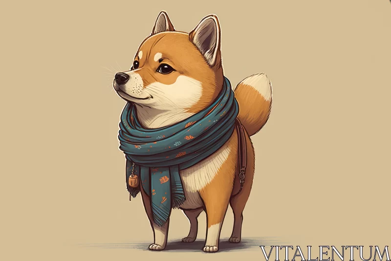 Little Shiba Inu in Scarf - Concept Art in Light Maroon and Dark Azure AI Image