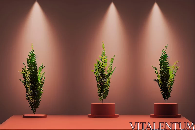 AI ART 3D Rendered Plants on Light Red Stage: An Environmental Awareness Artwork