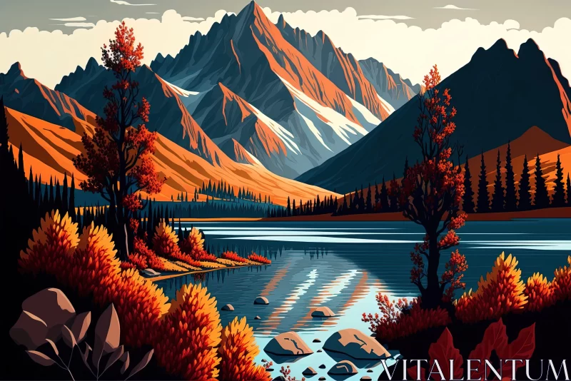 Bold Graphic Illustration of Autumn Mountain Scenery AI Image