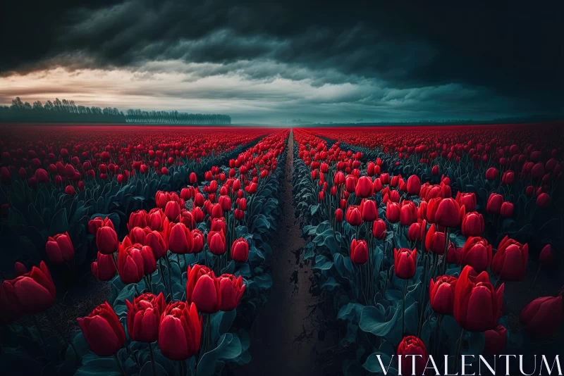 Mystic Field of Red Tulips Under Dark Clouds AI Image